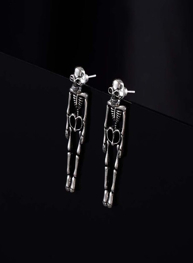 Meimimix Gothic Skull Earrings Punk Skeleton Groom Bride Front Back Stud Earrings Halloween for Women Girl (Silver) - Image 3